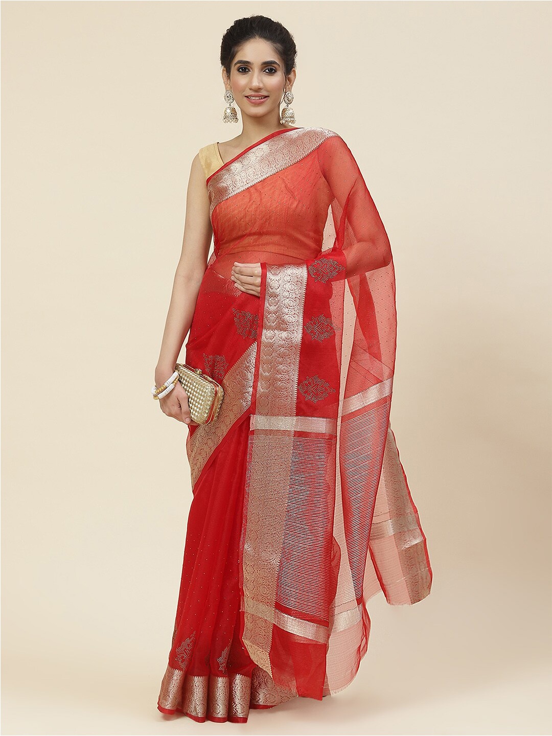 

Meena Bazaar Embellished Beads and Stones Organza Saree, Red