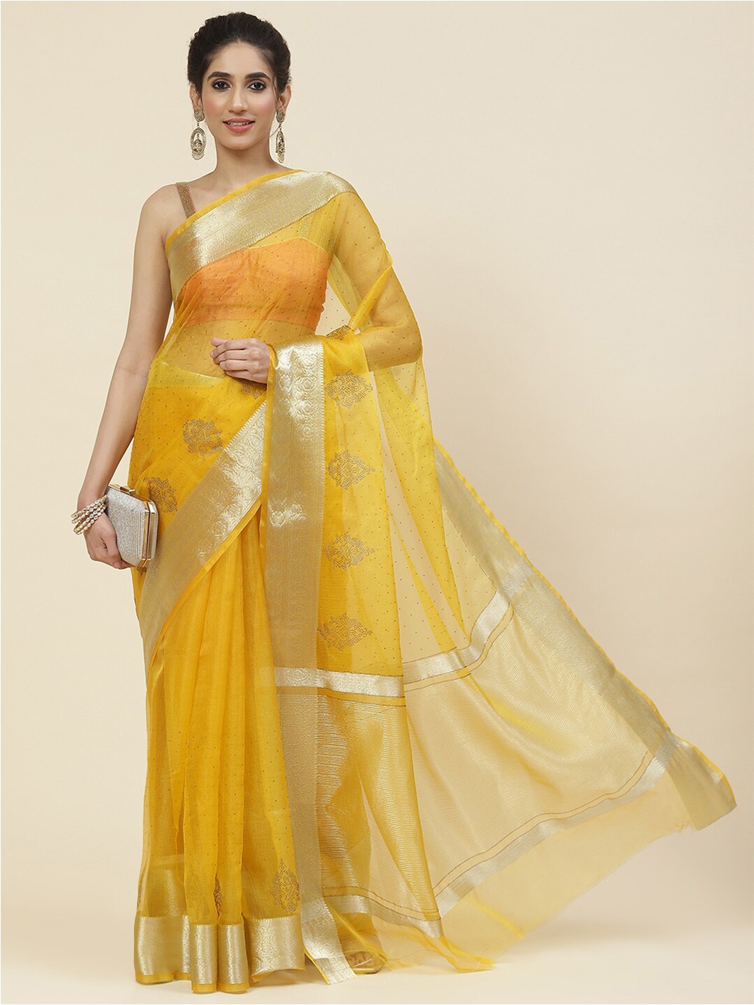 

Meena Bazaar Embellished Beads and Stones Organza Saree, Yellow