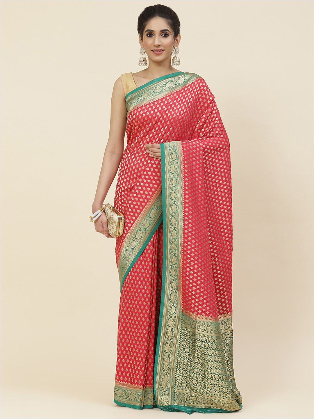 

Meena Bazaar Ethnic Motifs Woven Design Zari Saree, Pink