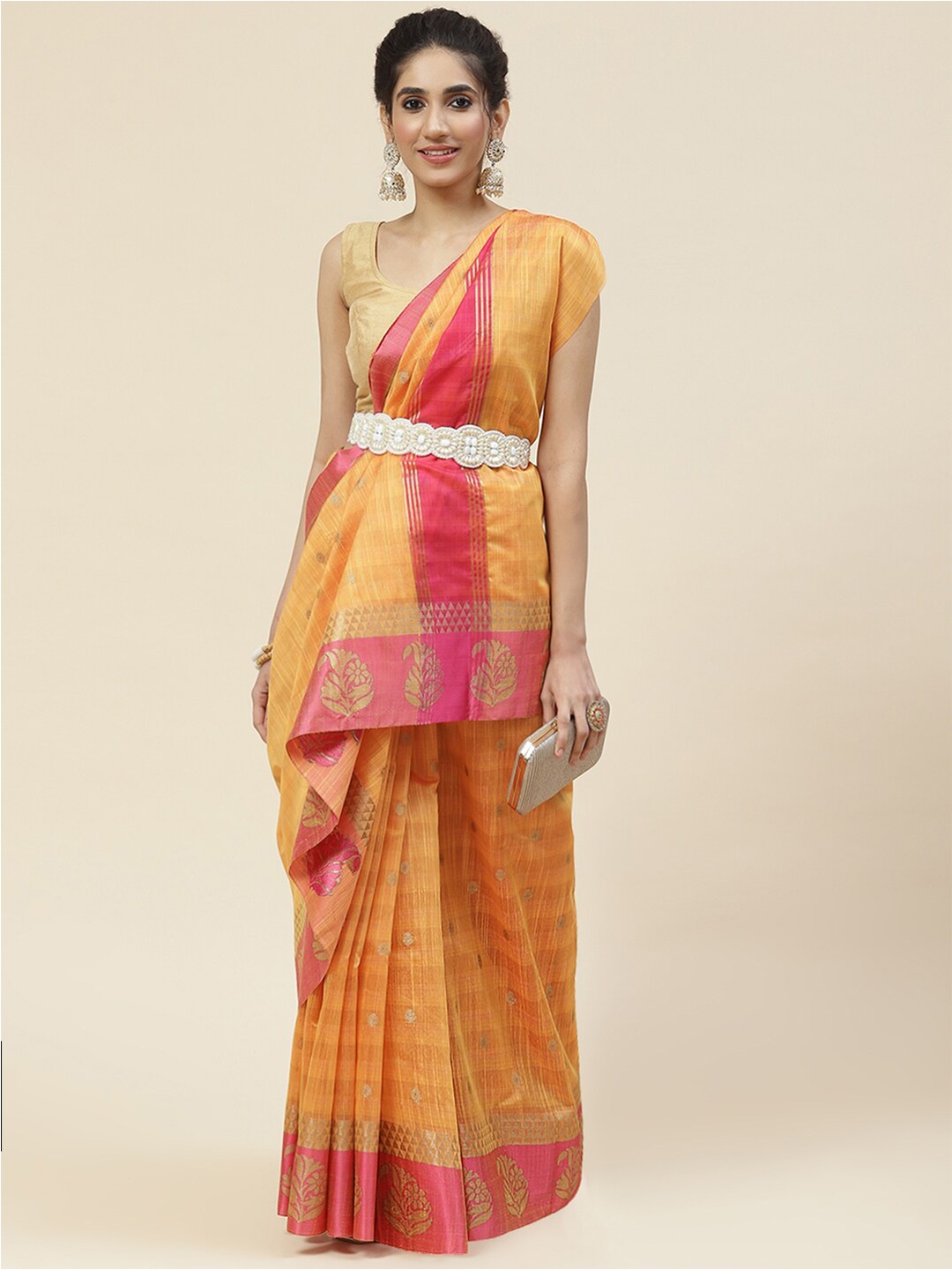 

Meena Bazaar Woven Design Zari Saree, Mustard