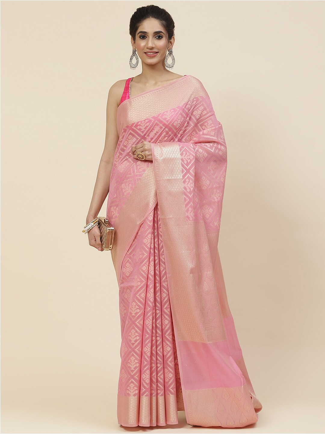 

Meena Bazaar Woven Design Zari Saree, Pink