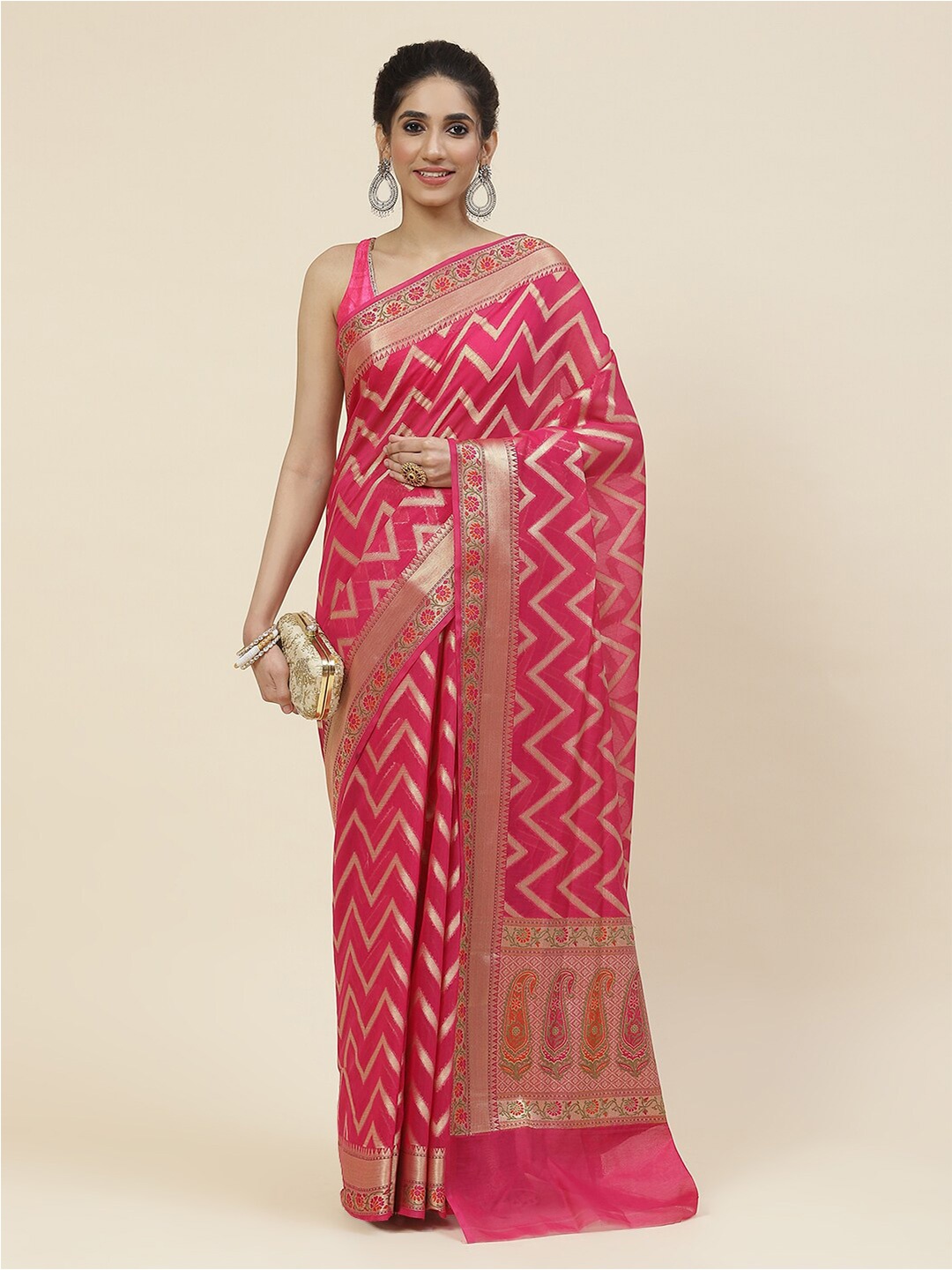 

Meena Bazaar Woven Design Zari Saree, Fuchsia