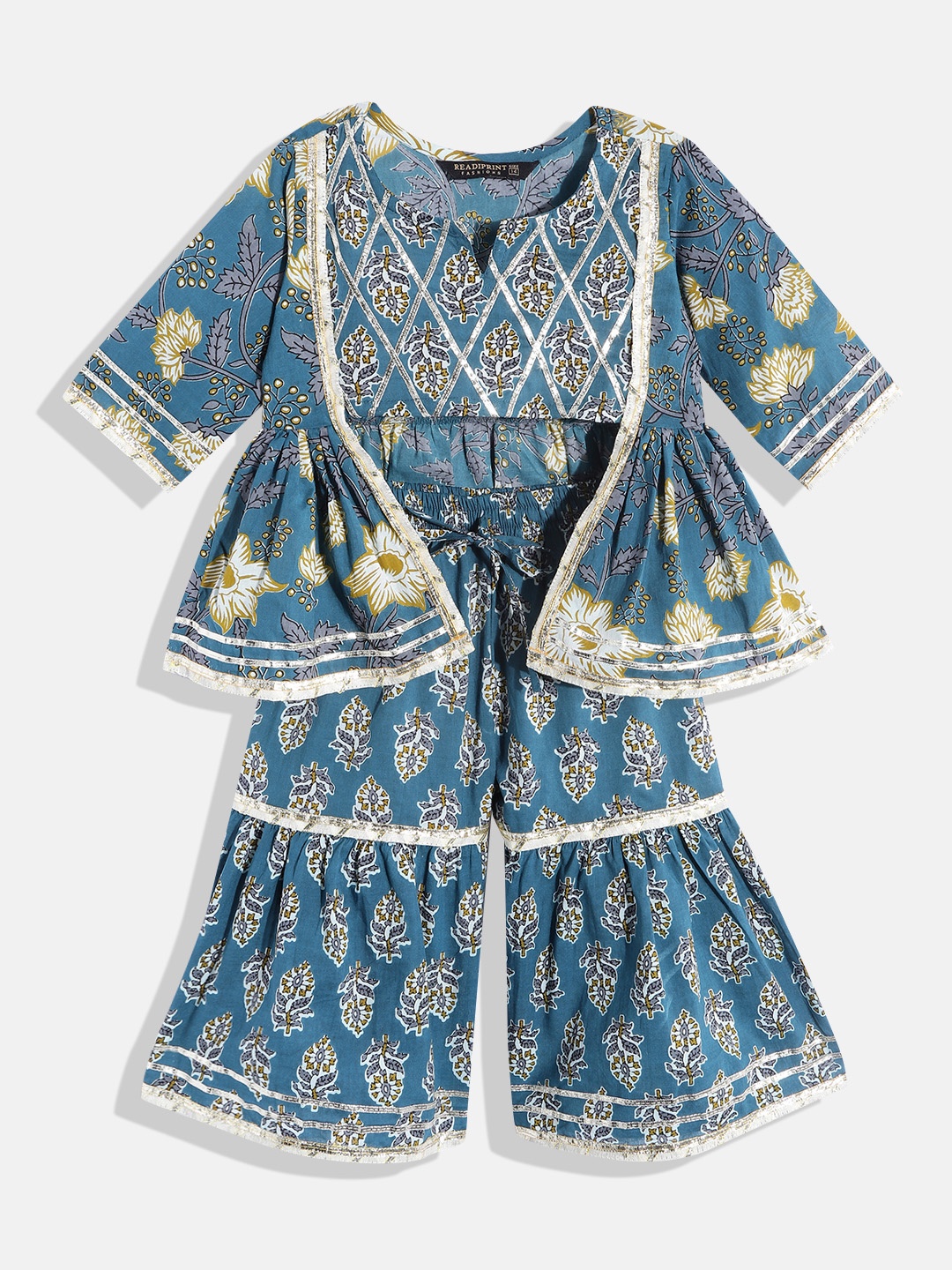 

Readiprint Girls Floral Printed Layered Gotta Patti Pure Cotton Top with Sharara, Blue