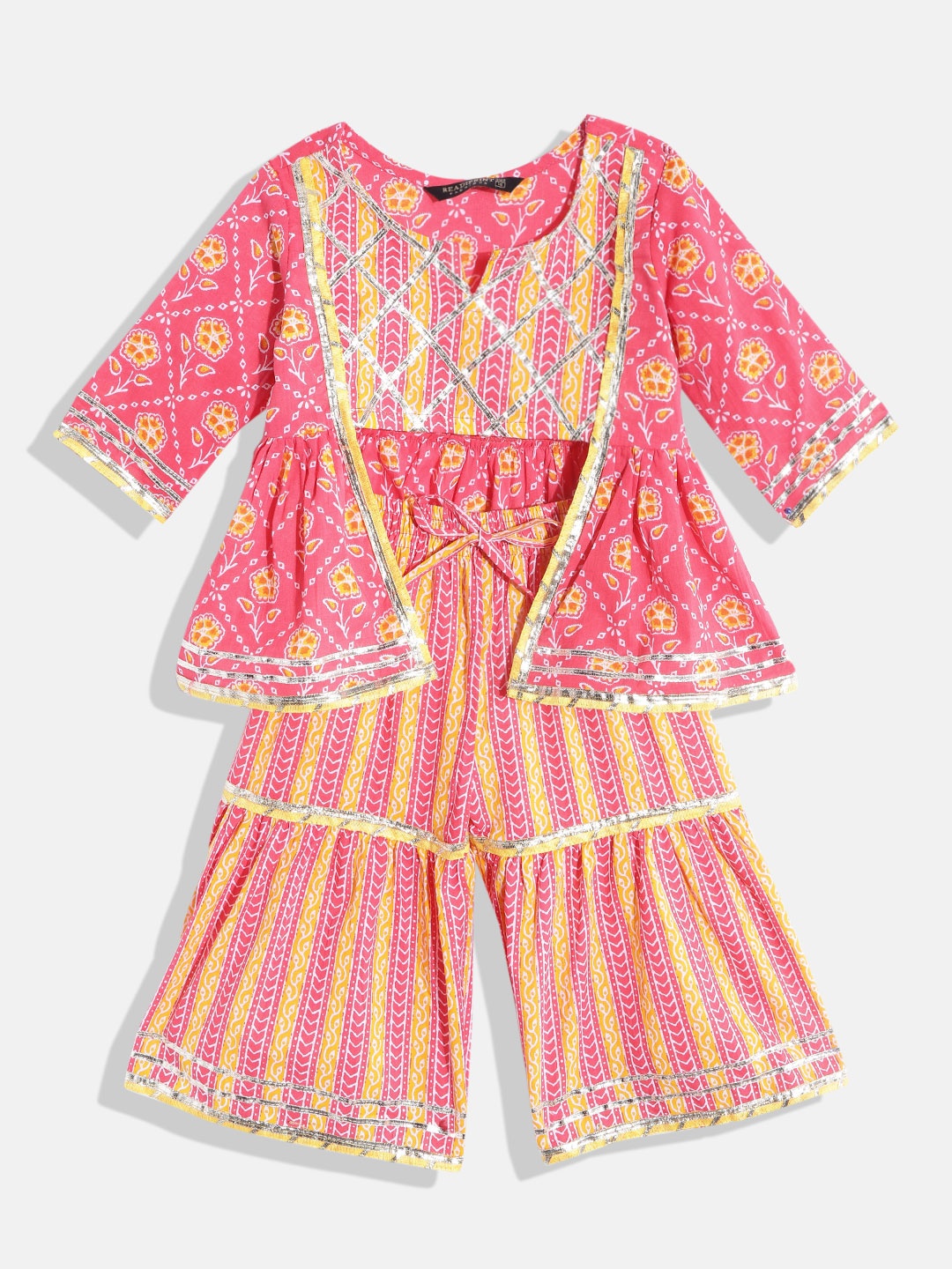 

Readiprint Girls Bandhani Printed Empire Gotta Patti Pure Cotton Top with Sharara, Pink