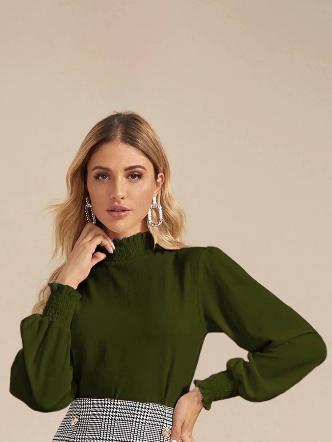 

Womenster Bishop Long Sleeves Crepe Top, Olive