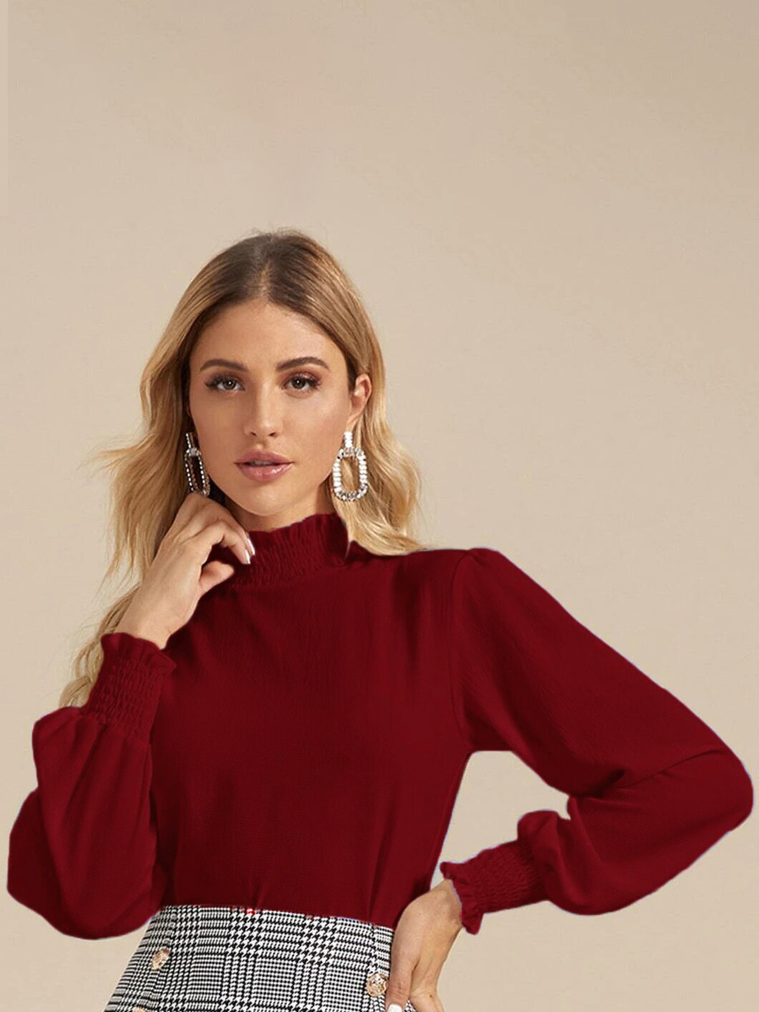 

Womenster Cuffed Long Sleeves Crepe Top, Maroon