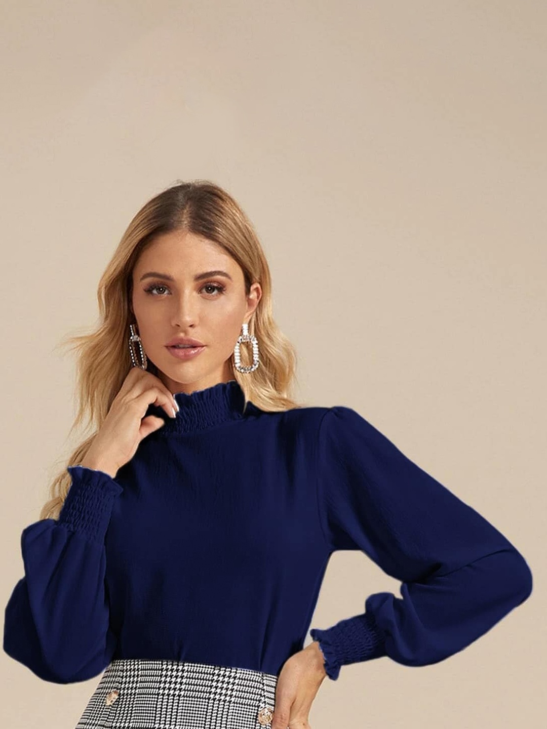 

Womenster High Neck Crepe Long Sleeves Regular Top, Navy blue