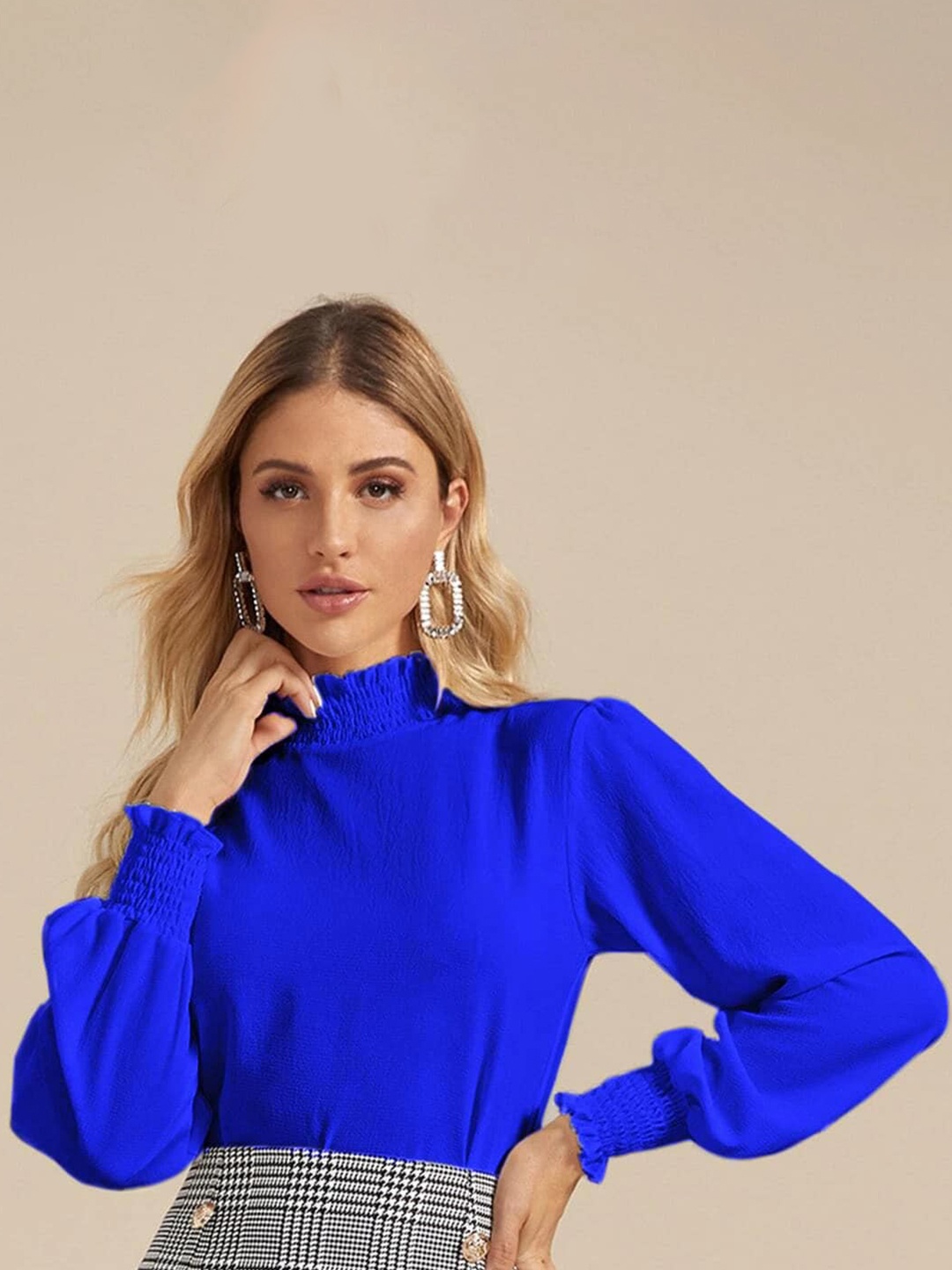 

Womenster High Neck Crepe Long Sleeves Regular Top, Blue