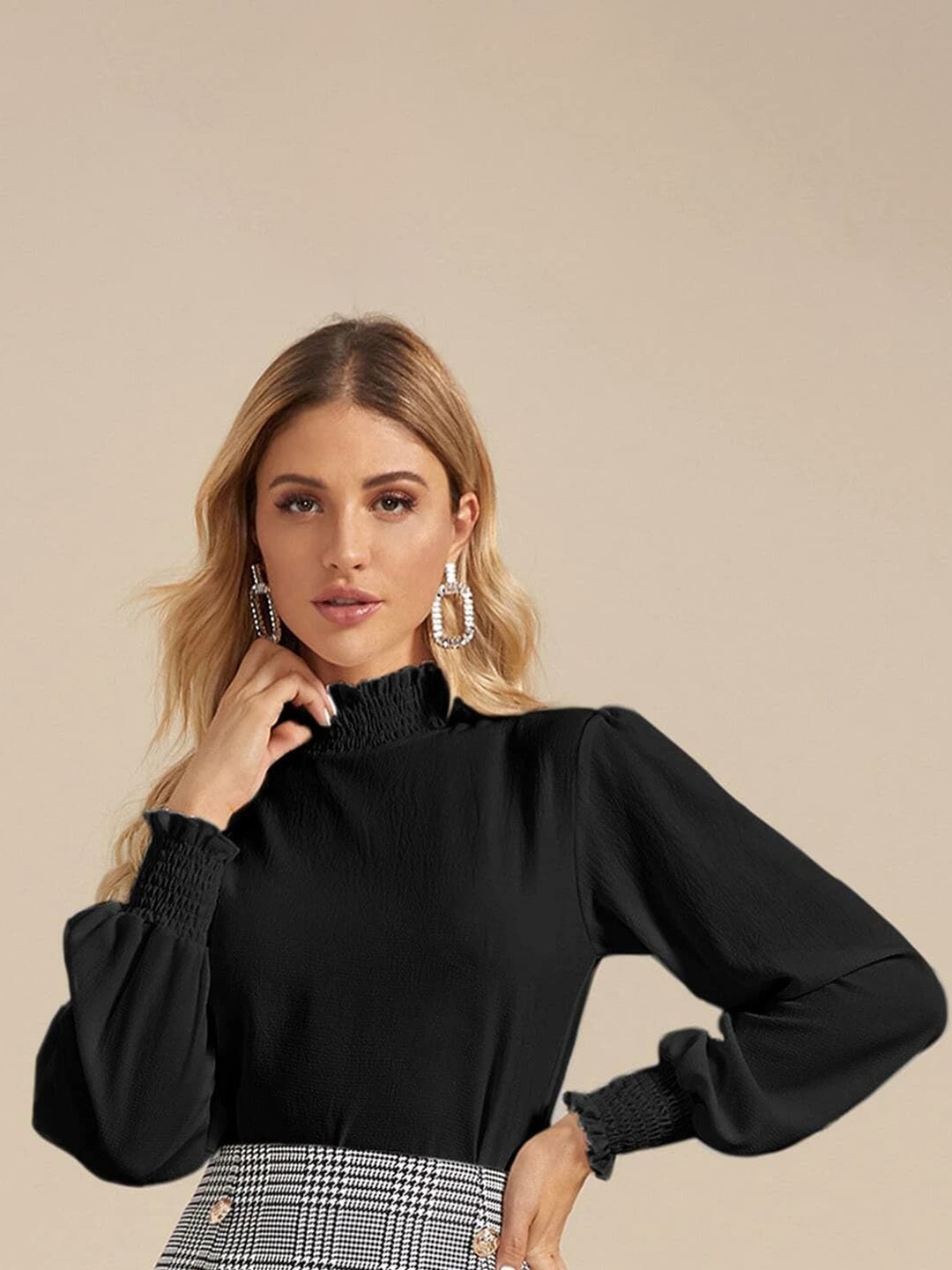 

Womenster High Neck Crepe Top, Black