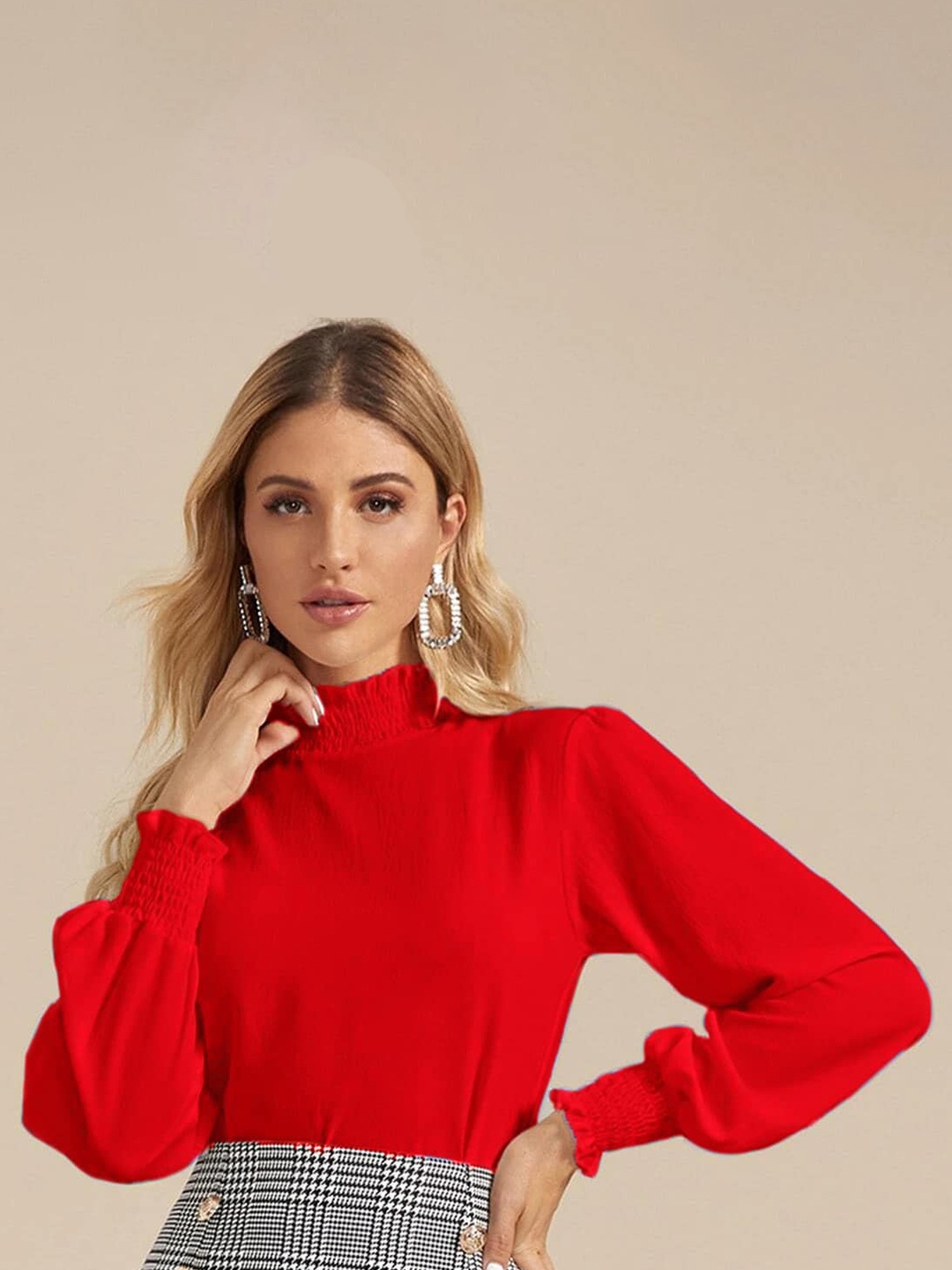 

Womenster Frilled Neck & Sleeve Crepe Top, Red