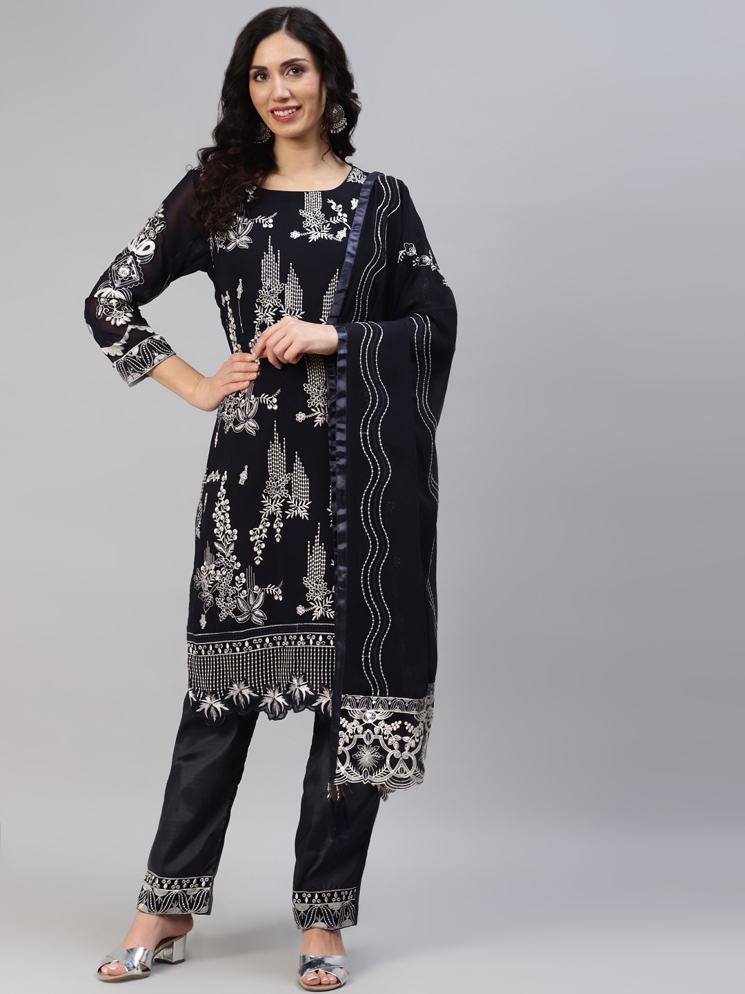 

Readiprint Fashions Embroidered Semi-Stitched Dress Material, Navy blue