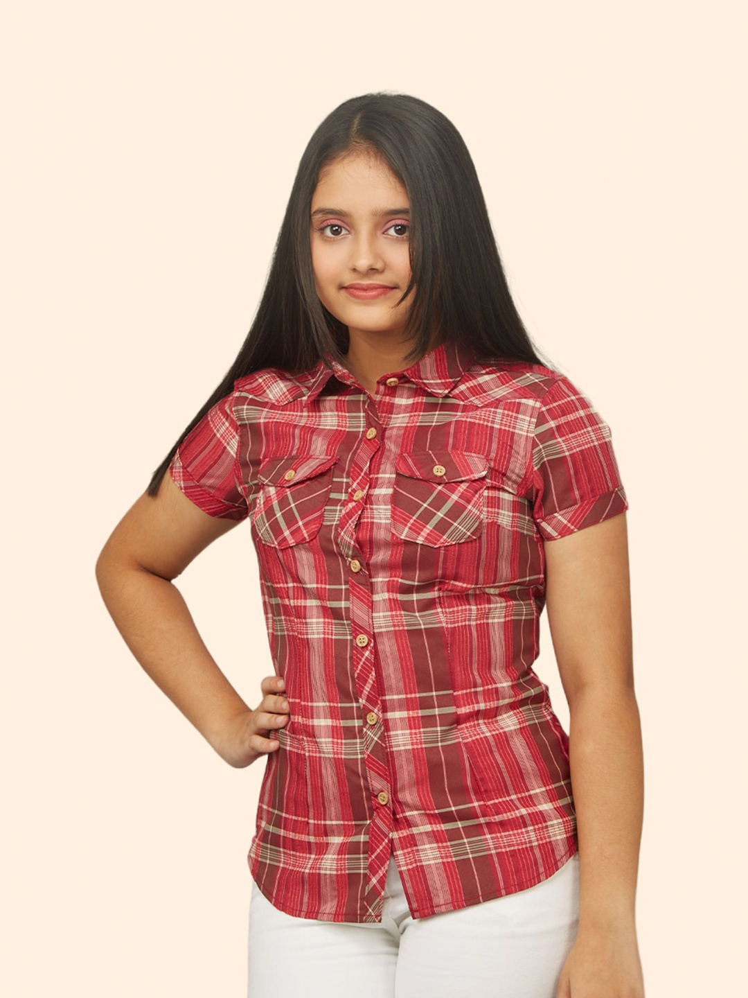 

Zalio Girls Tartan Checked Pure Cotton Casual Shirt, Red