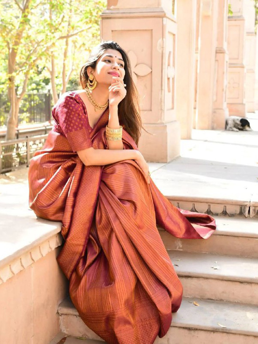 

TIEXA Ethnic Motifs Zari Pure Silk Banarasi Saree, Maroon