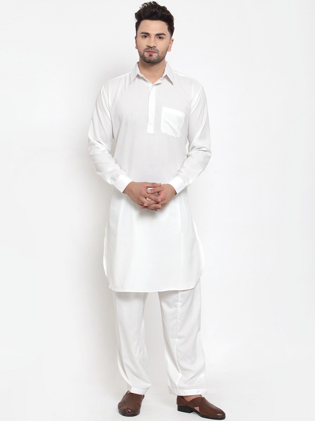 

Kaifoo Men Shirt Collar Kurta with Salwar, Cream