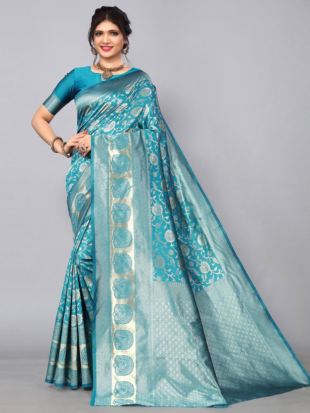

Mitera Floral Zari Banarasi Saree, Turquoise blue