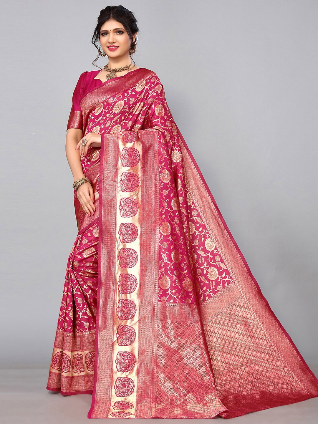 

Mitera Floral Zari Banarasi Saree, Pink