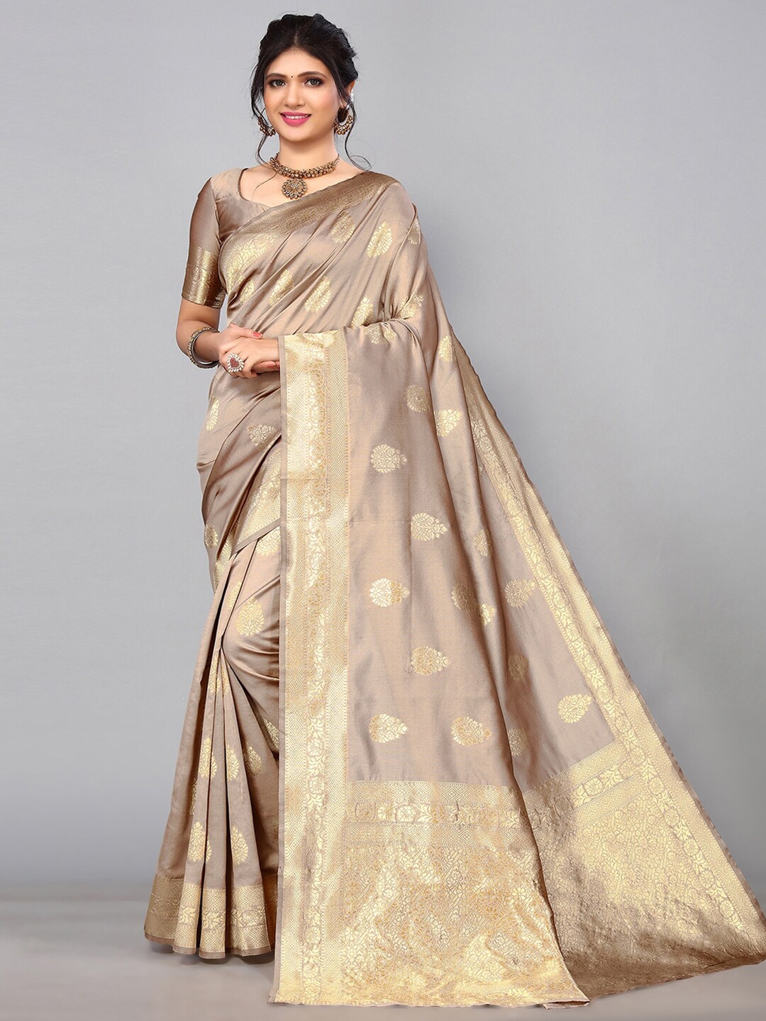 

Mitera Ethnic Motifs Zari Banarasi Saree, Brown