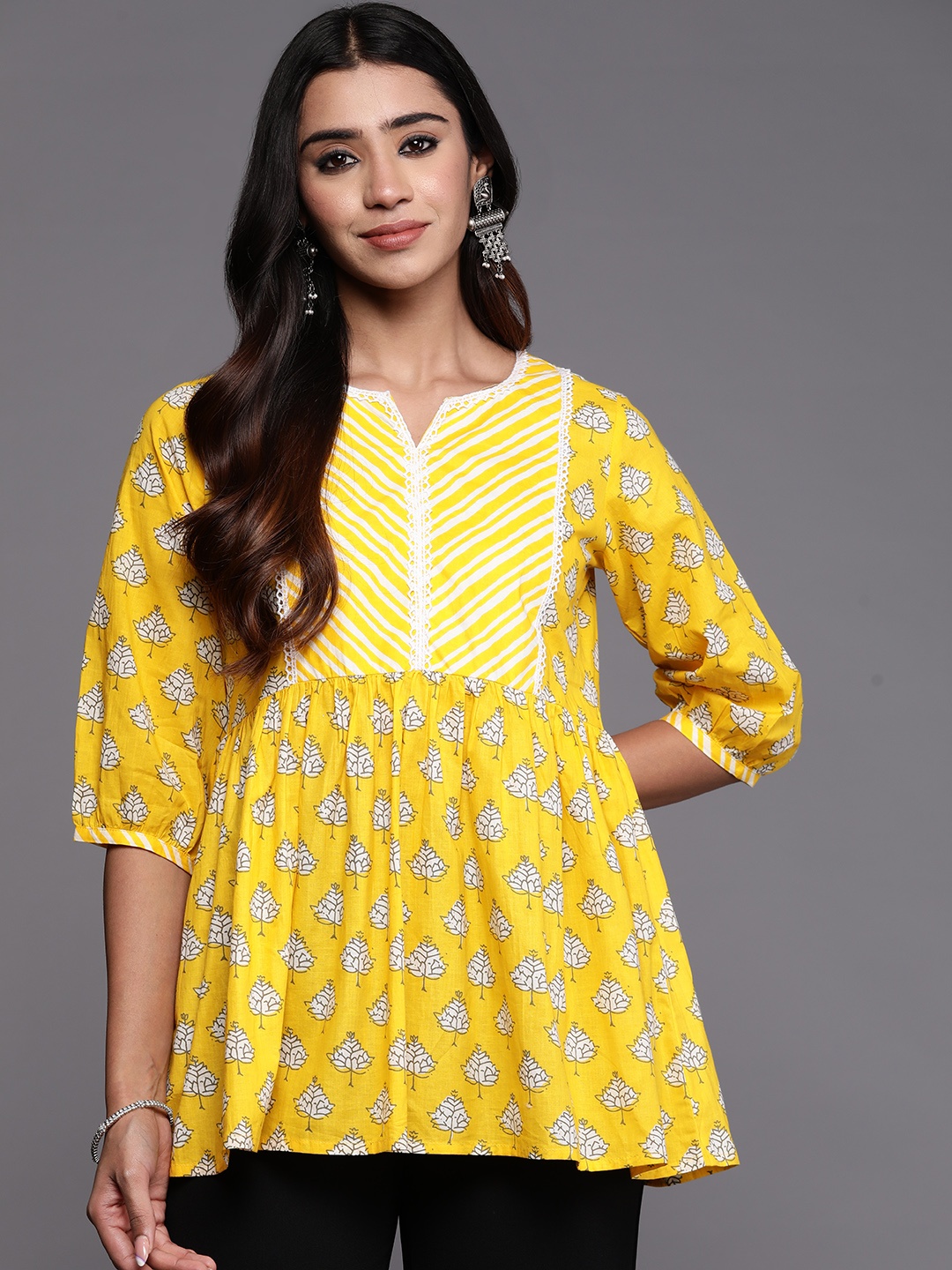 

Libas Women Floral Printed Puff Sleeves Pure Cotton Empire Kurti, Yellow