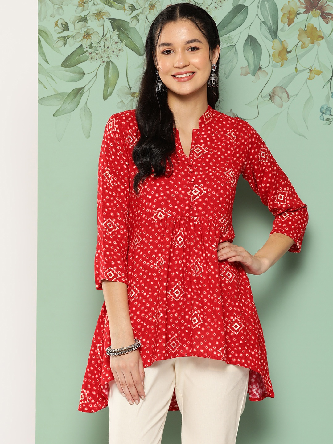 

Libas Women Bandhani Printed Empire Kurti, Red