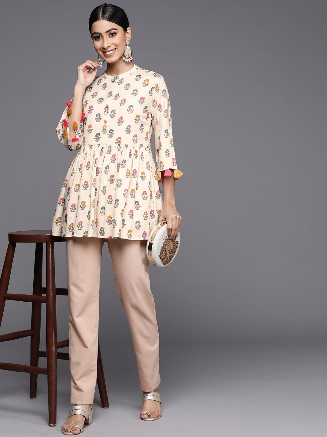 

Libas Floral Printed Flared Sleeves Empire Kurti, Off white