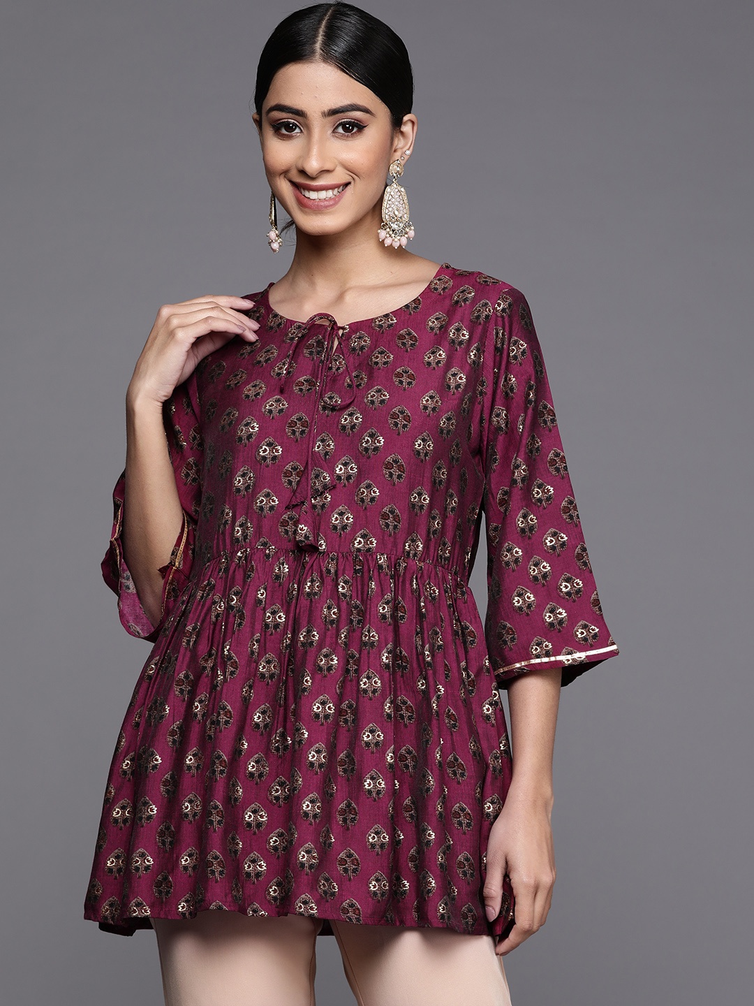 

Libas Floral Printed Flared Sleeves Empire Kurti, Purple