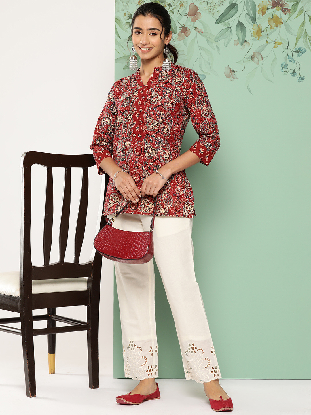 

Libas Ethnic Motifs Printed Pure Cotton Kurti with Potli Buttons Details, Maroon