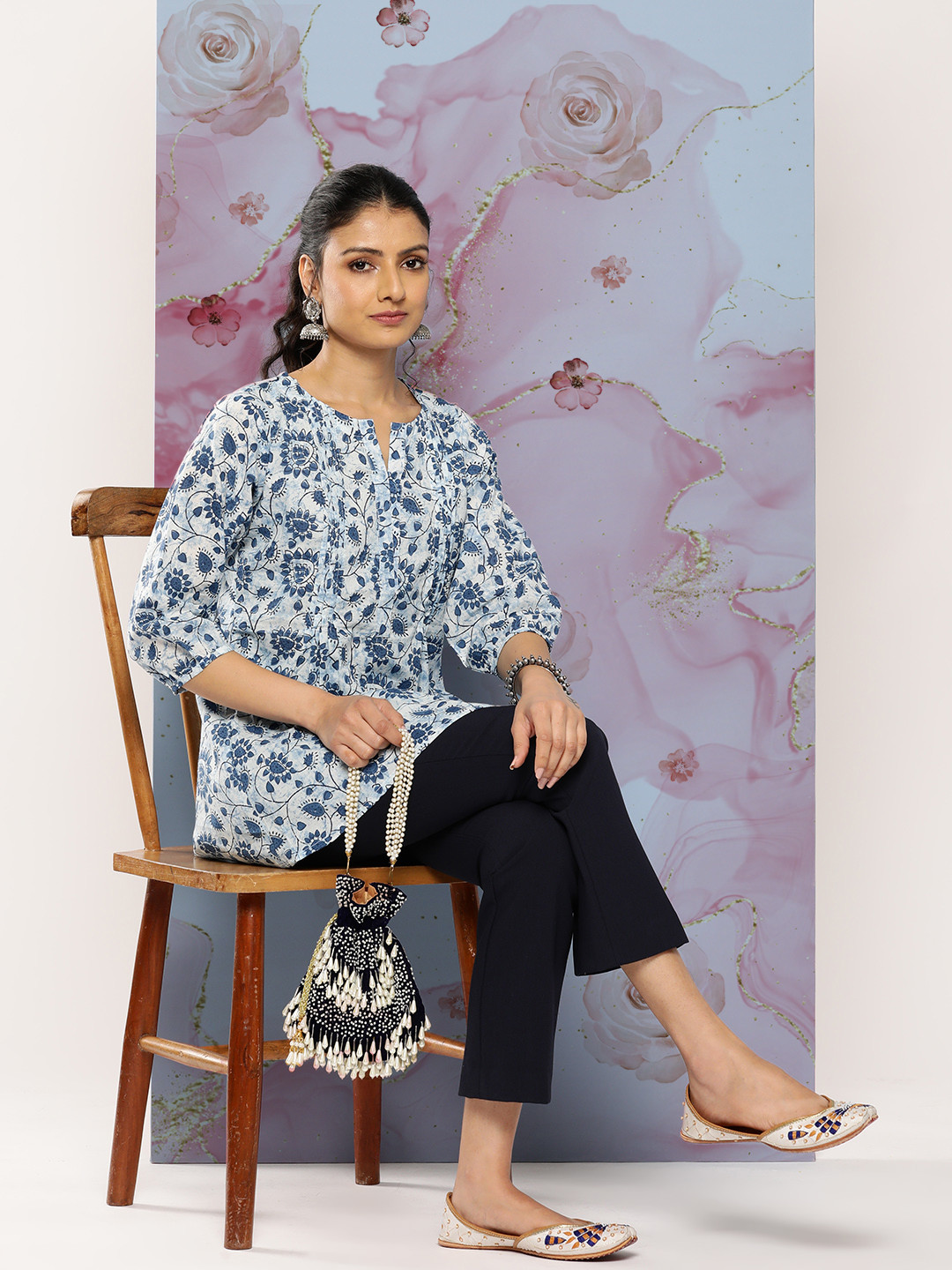 

Libas Floral Printed Pure Cotton Pleated Kurti, Blue