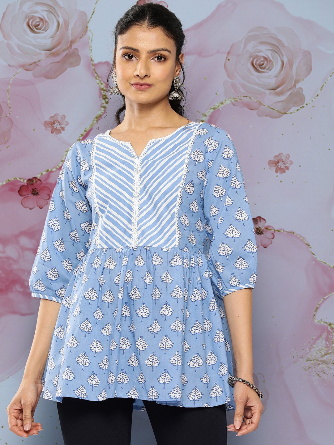 

Libas Floral Printed Pure Cotton Empire Kurti, Blue