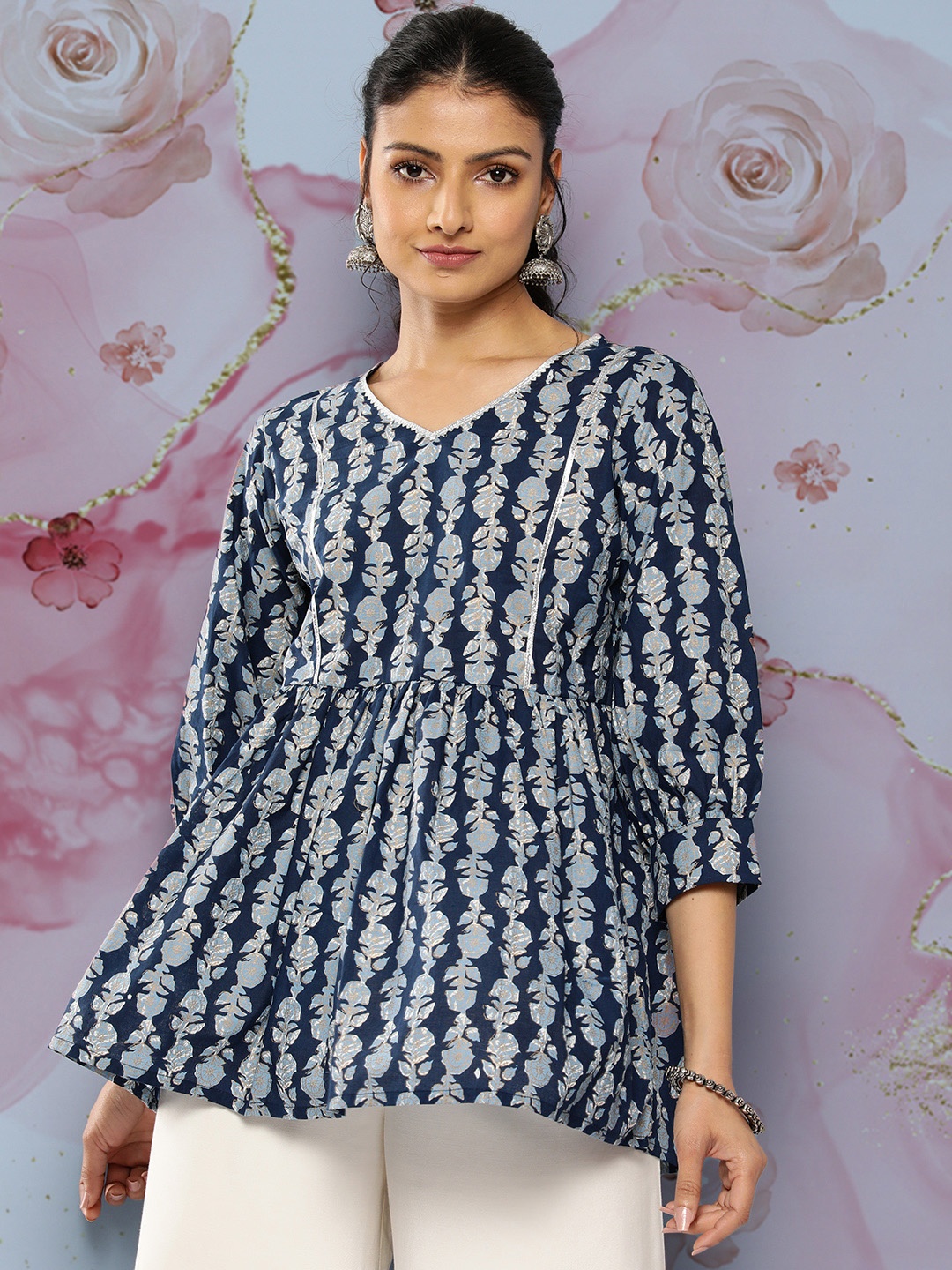 

Libas Floral Printed V-Neck Gotta Patti Pure Cotton Empire Kurti, Navy blue