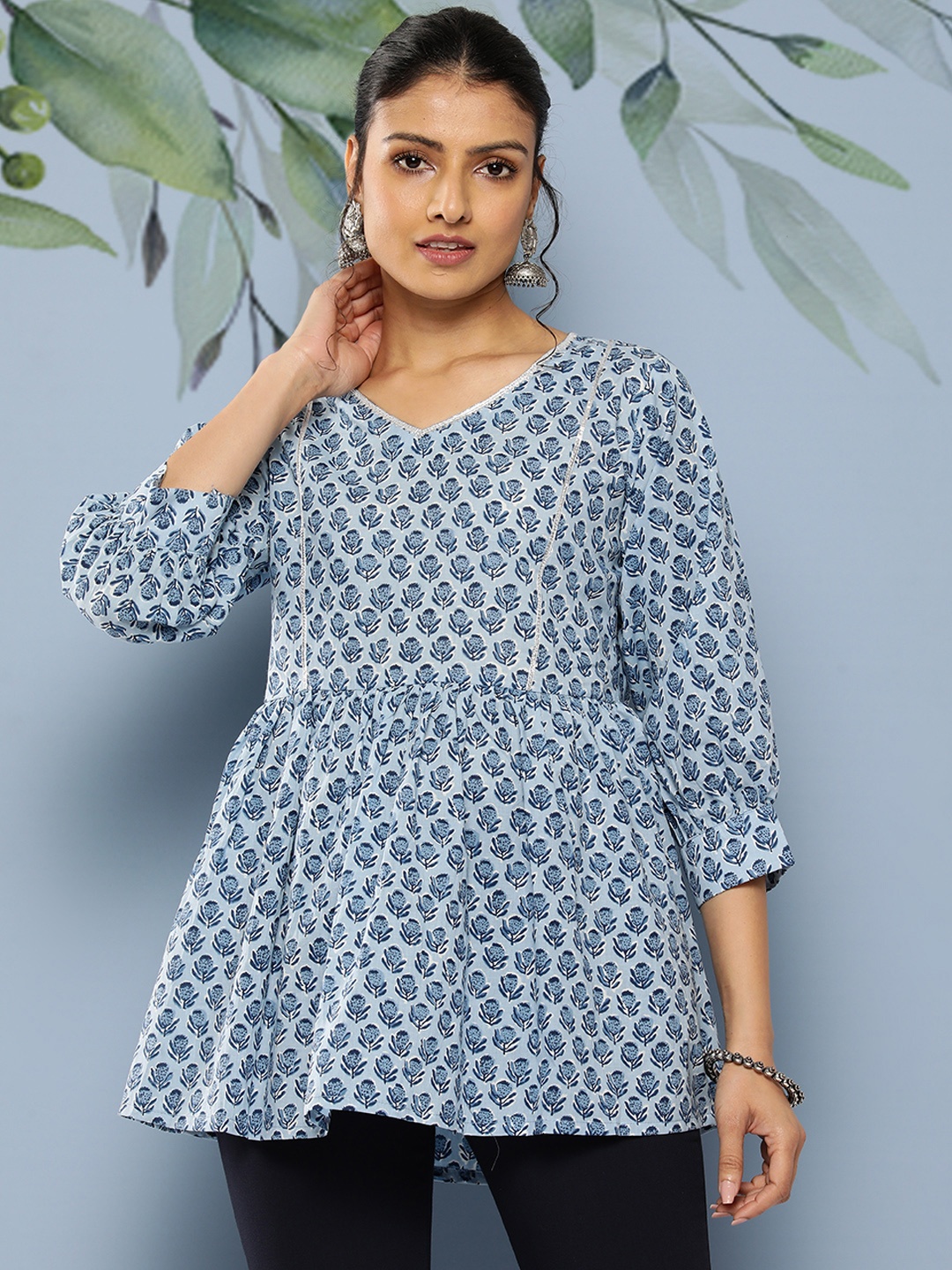 

Libas Floral Printed V-Neck Gotta Patti Pure Cotton Empire Kurti, Blue