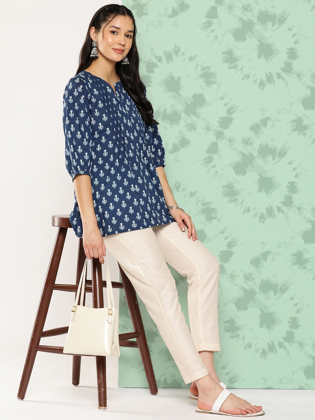 

Libas Women Floral Printed Puff Sleeves Pure Cotton Pleated Kurti, Blue