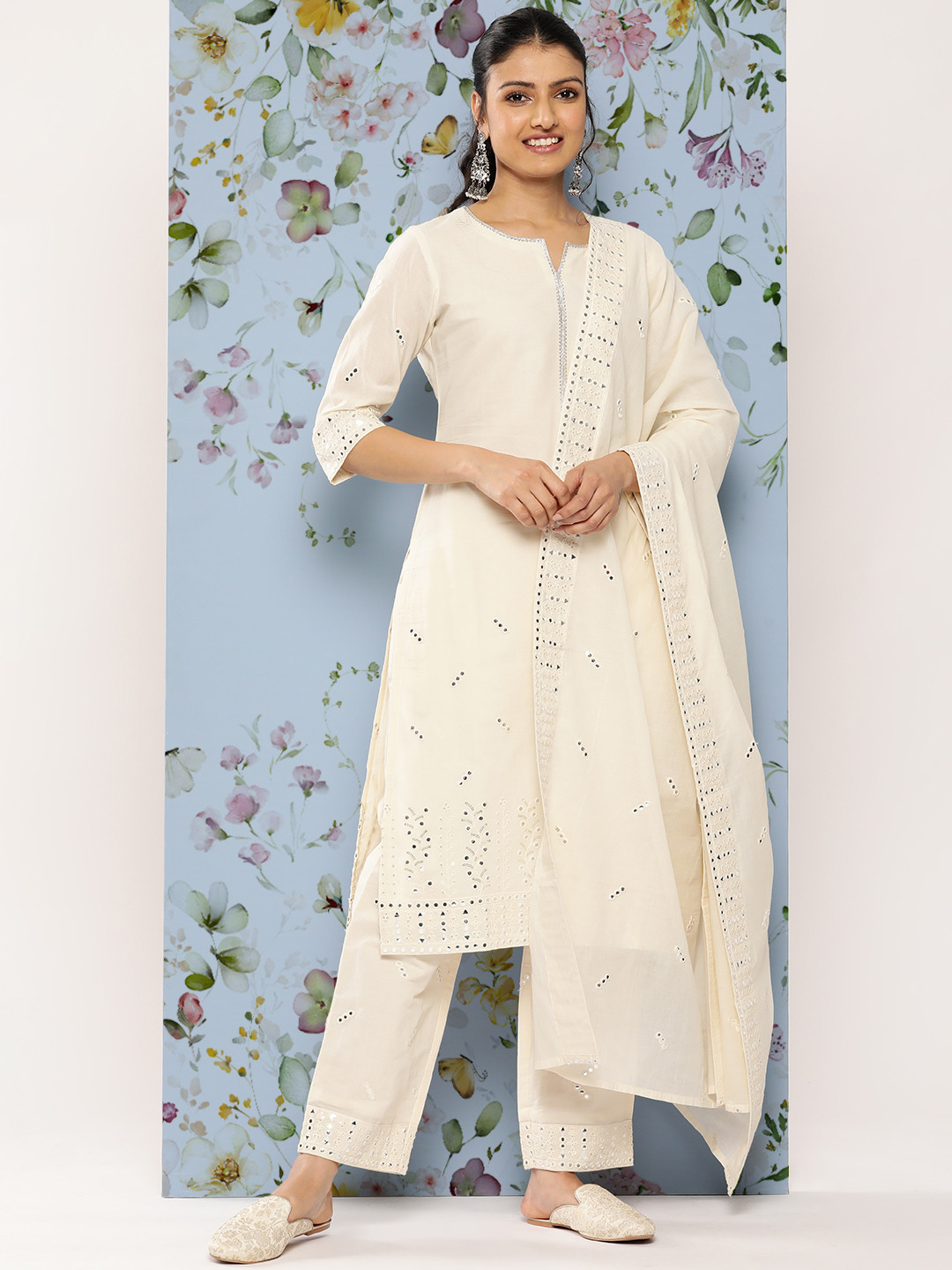 

Libas Women Embroidered Thread Work Pure Cotton Kurta with Trousers & Dupatta, Off white