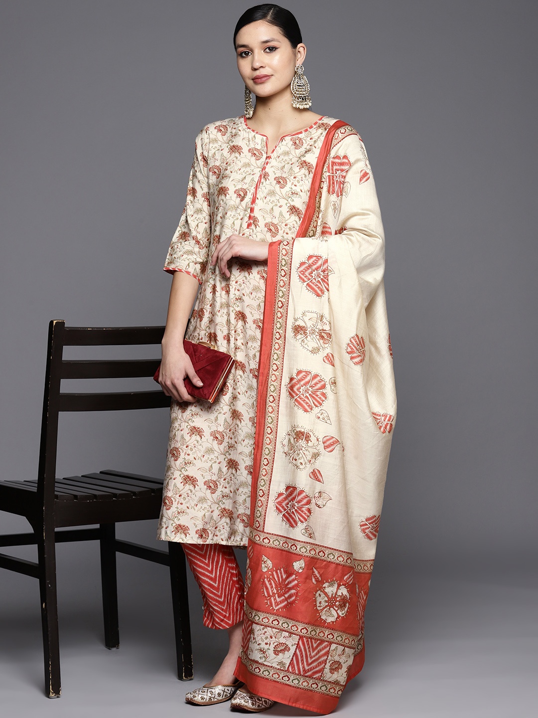 

Libas Women Floral Printed Kurta with Trousers & With Dupatta, Beige