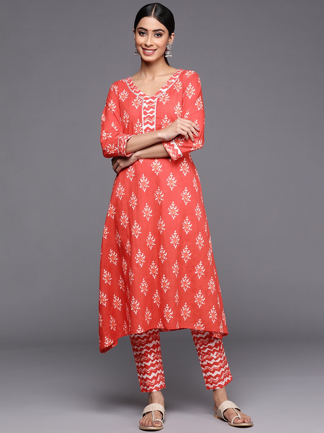 

Libas Women Printed Gotta Patti Pure Cotton Kurta with Trousers, Orange