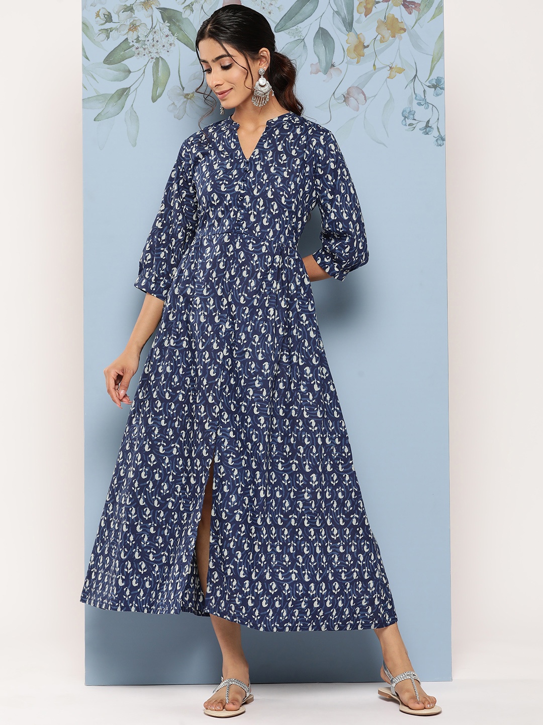 

Libas A-Line Puff Sleeves Printed Cotton Midi Ethnic Dress, Navy blue