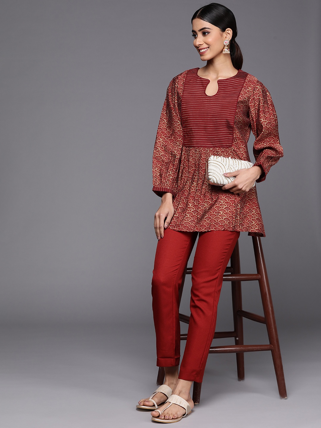 

Libas Women Ethnic Motifs Printed Puff Sleeves Kurti, Maroon