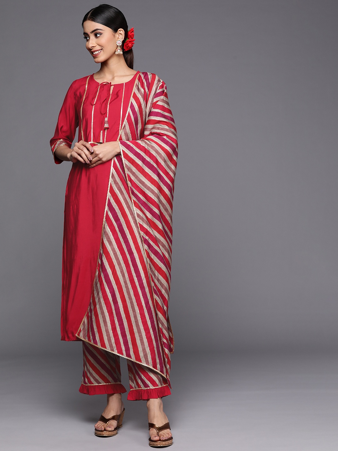 

Libas Women Yoke Design Gotta Patti Kurta With Trousers & Dupatta, Red