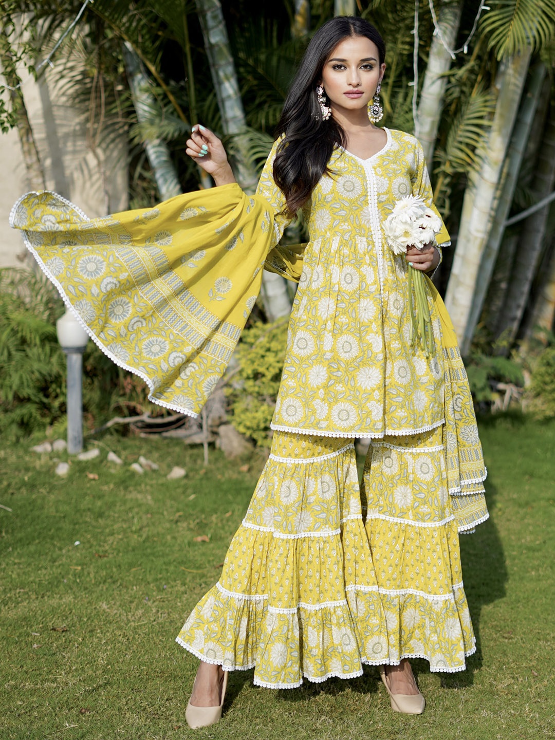 

Libas Women Floral Printed Empire Pure Cotton Kurti With Sharara & Dupatta, Yellow