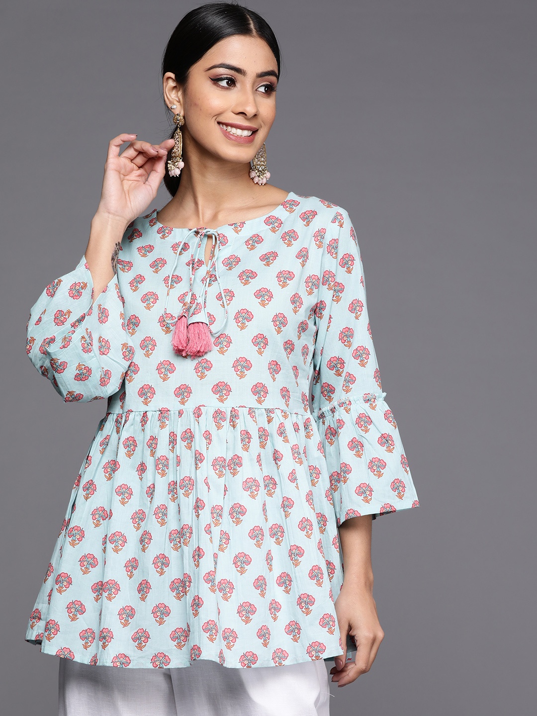 

Libas Floral Printed Pure Cotton Empire Kurti, Turquoise blue