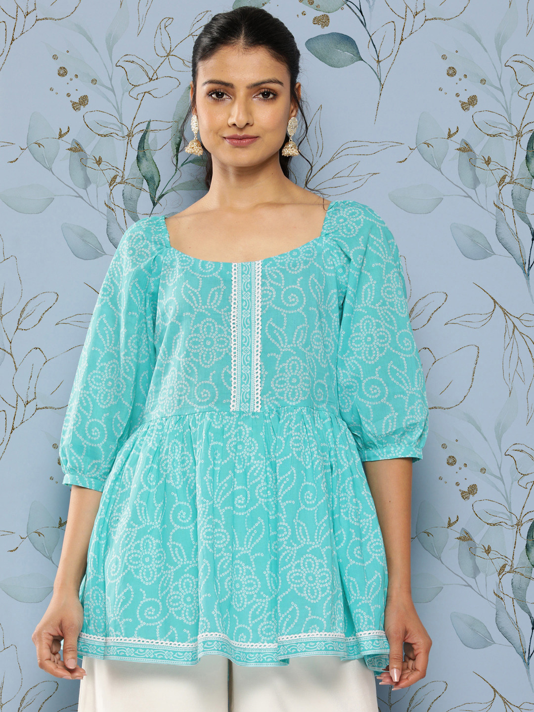 

Libas Bandhani Printed Square Neck Pure Cotton Empire Kurti, Turquoise blue