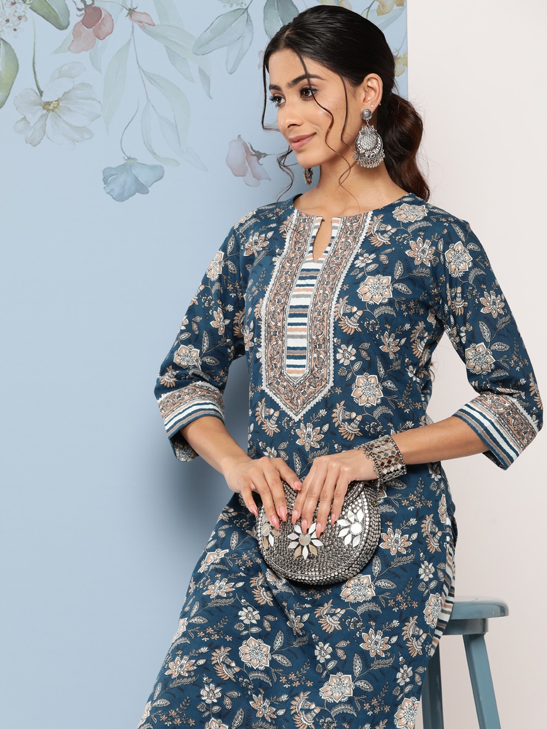 

Libas Women Floral Printed Gotta Patti Pure Cotton Keyhole Neck Kurta With Trousers, Blue