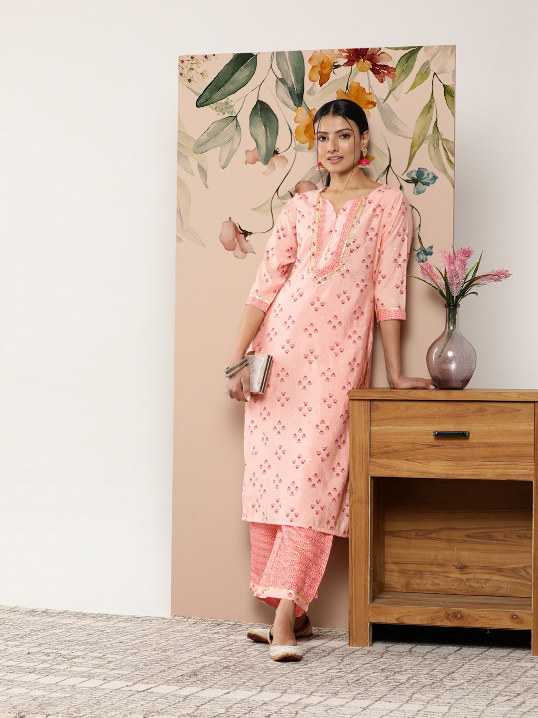 

Libas Women Floral Printed Gotta Patti Silk Blend Kurta With Palazzos, Peach