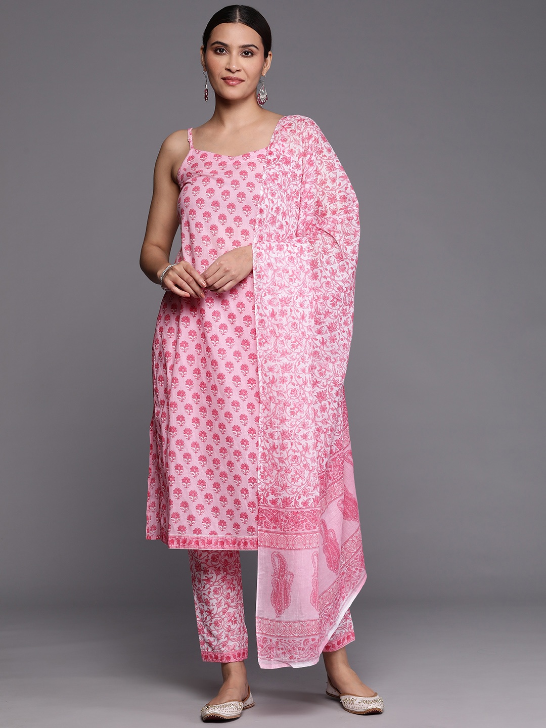 

Libas Women Floral Printed Pure Cotton Kurta With Trousers & Dupatta, Pink