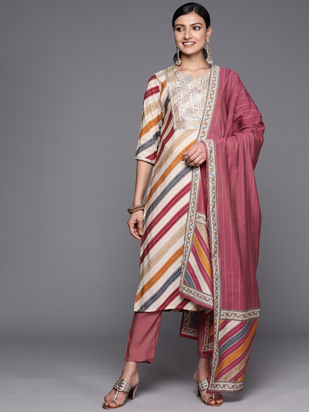 

Libas Women Striped Mirror Work Kurta With Trousers & With Dupatta, Multi