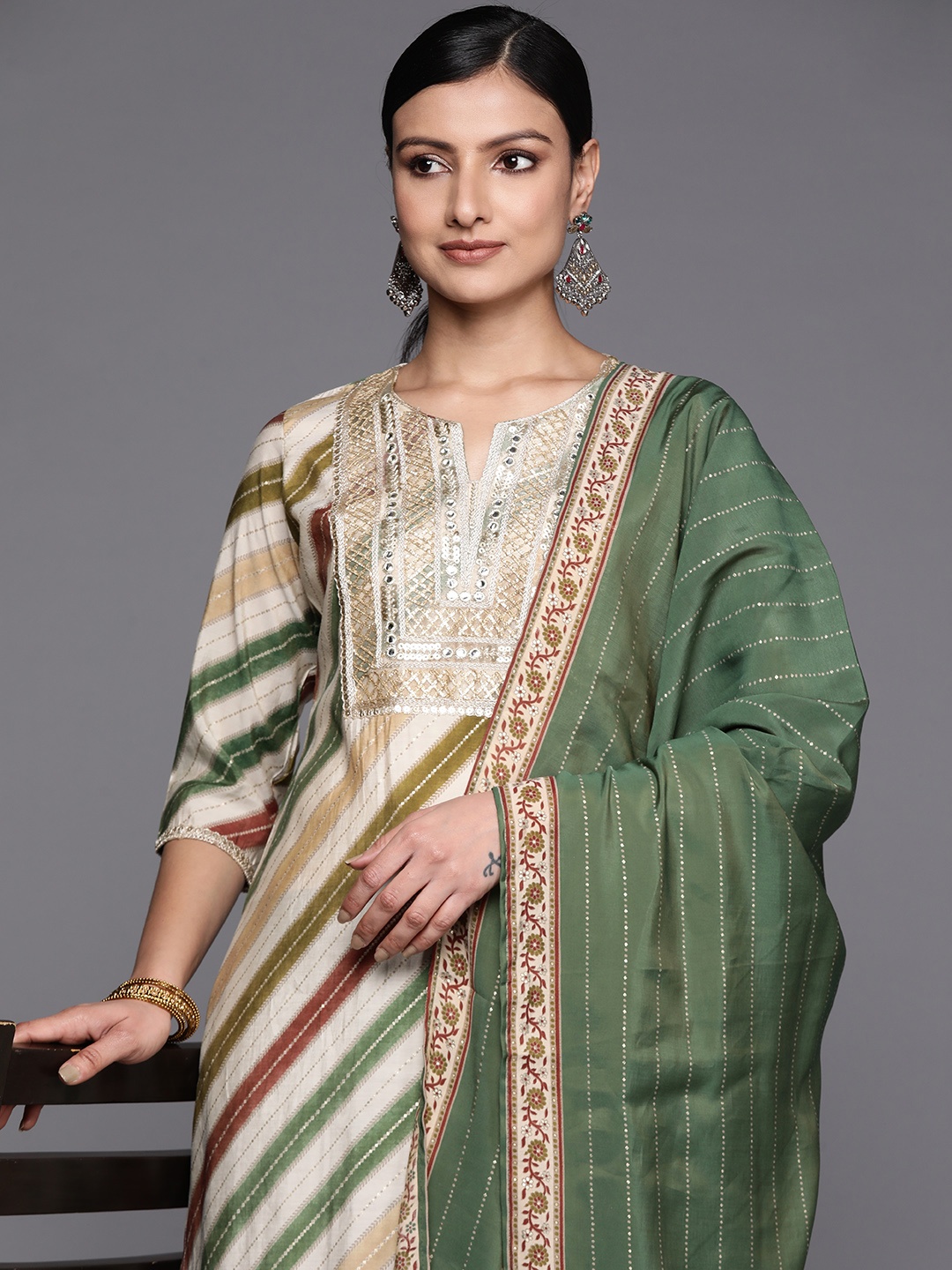 

Libas Women Striped Mirror Work Kurta With Trousers & With Dupatta, Multi