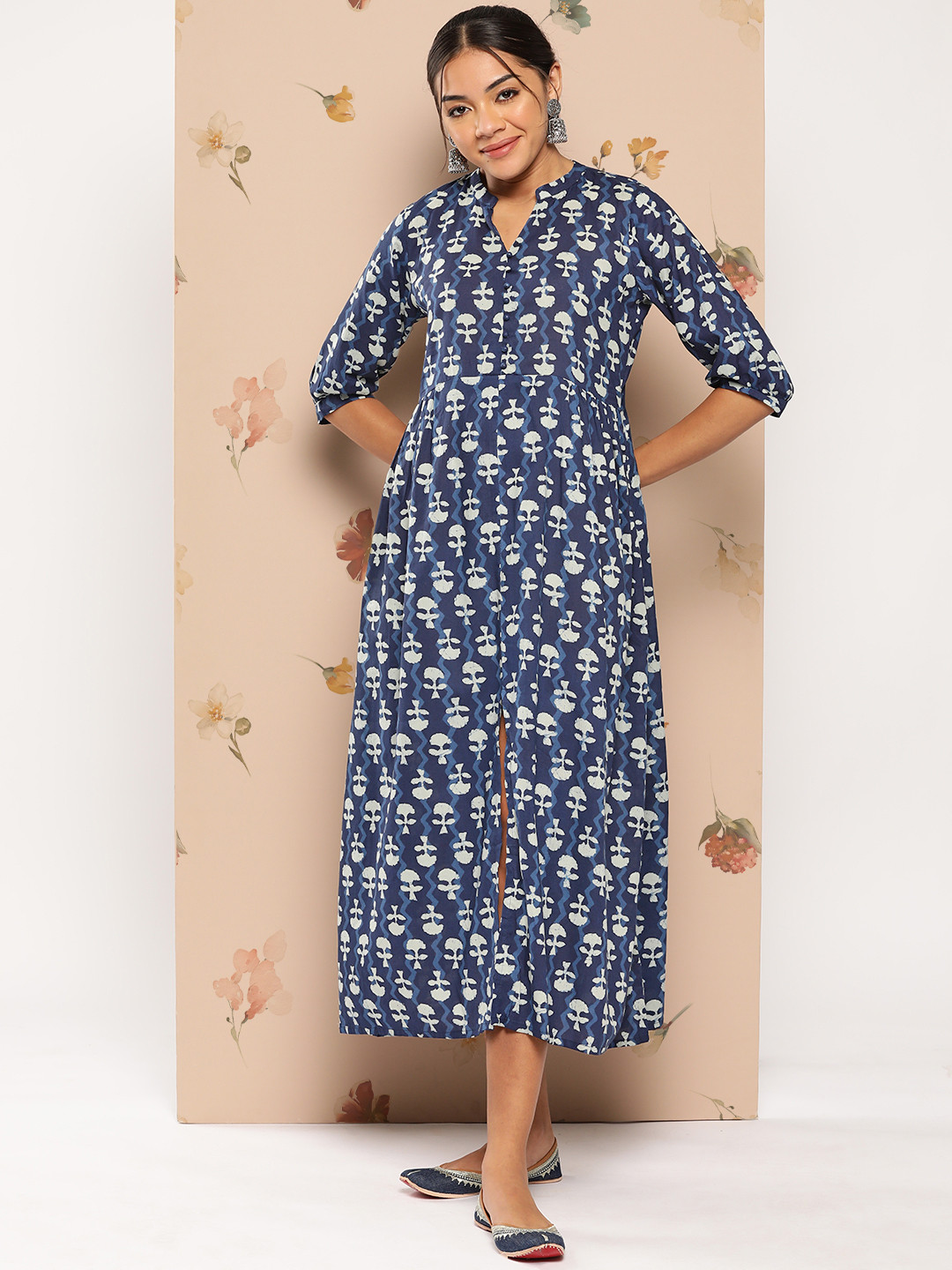 

Libas Floral A-Line Puff Sleeves Cotton Midi Dress, Blue