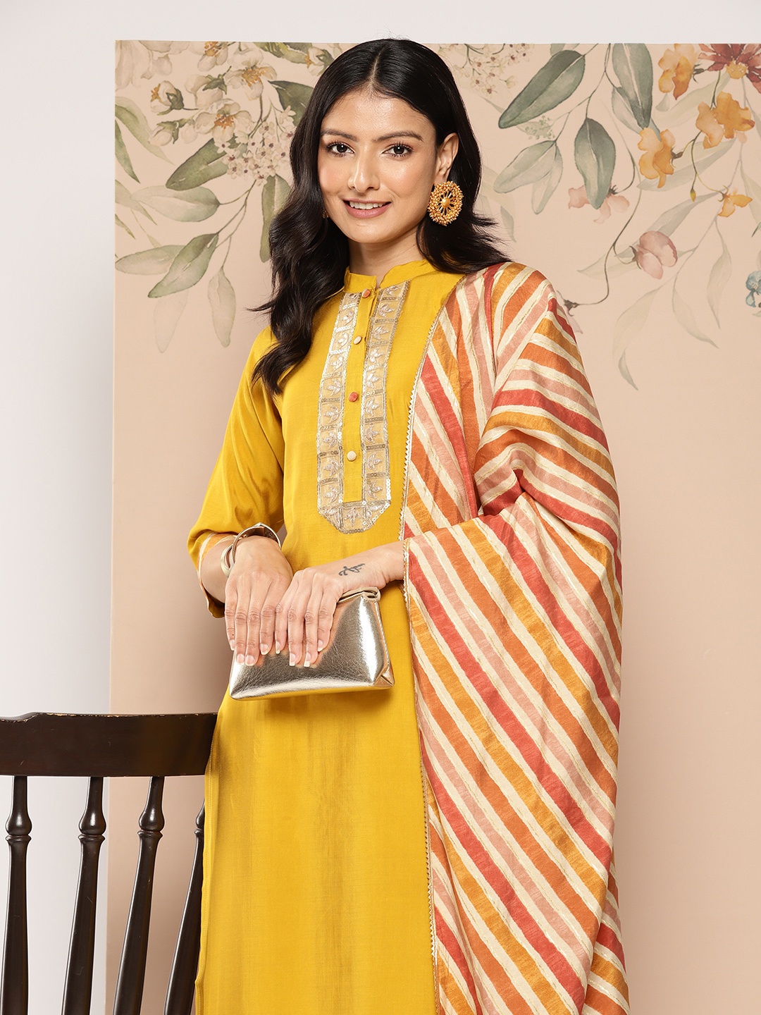 

Libas Women Ethnic Motifs Embroidered Sequinned Kurta With Trousers & With Dupatta, Mustard