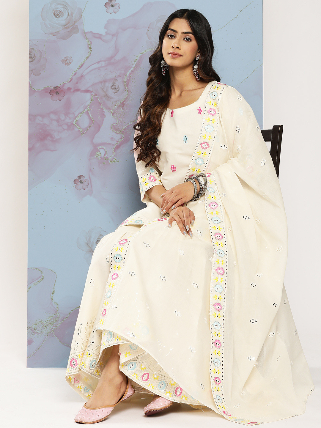 

Libas Women Embroidered Mirror Work Pure Cotton Kurti With Sharara & With Dupatta, Off white