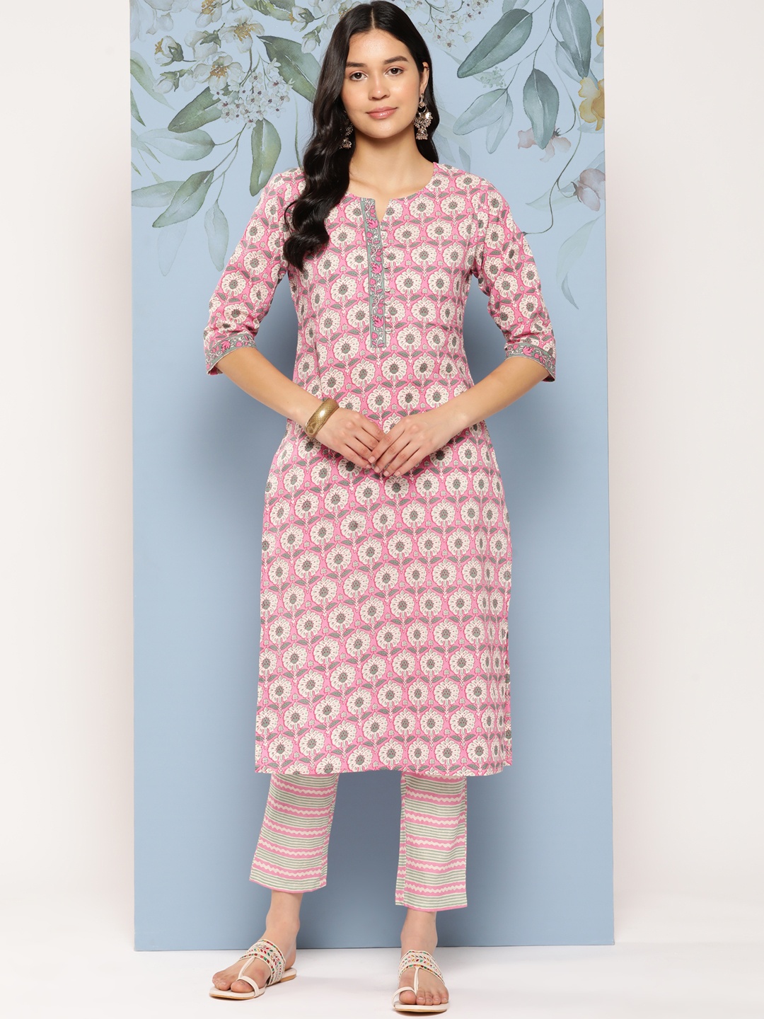 

Libas Women Floral Printed Pure Cotton Kurta with Trousers, Pink