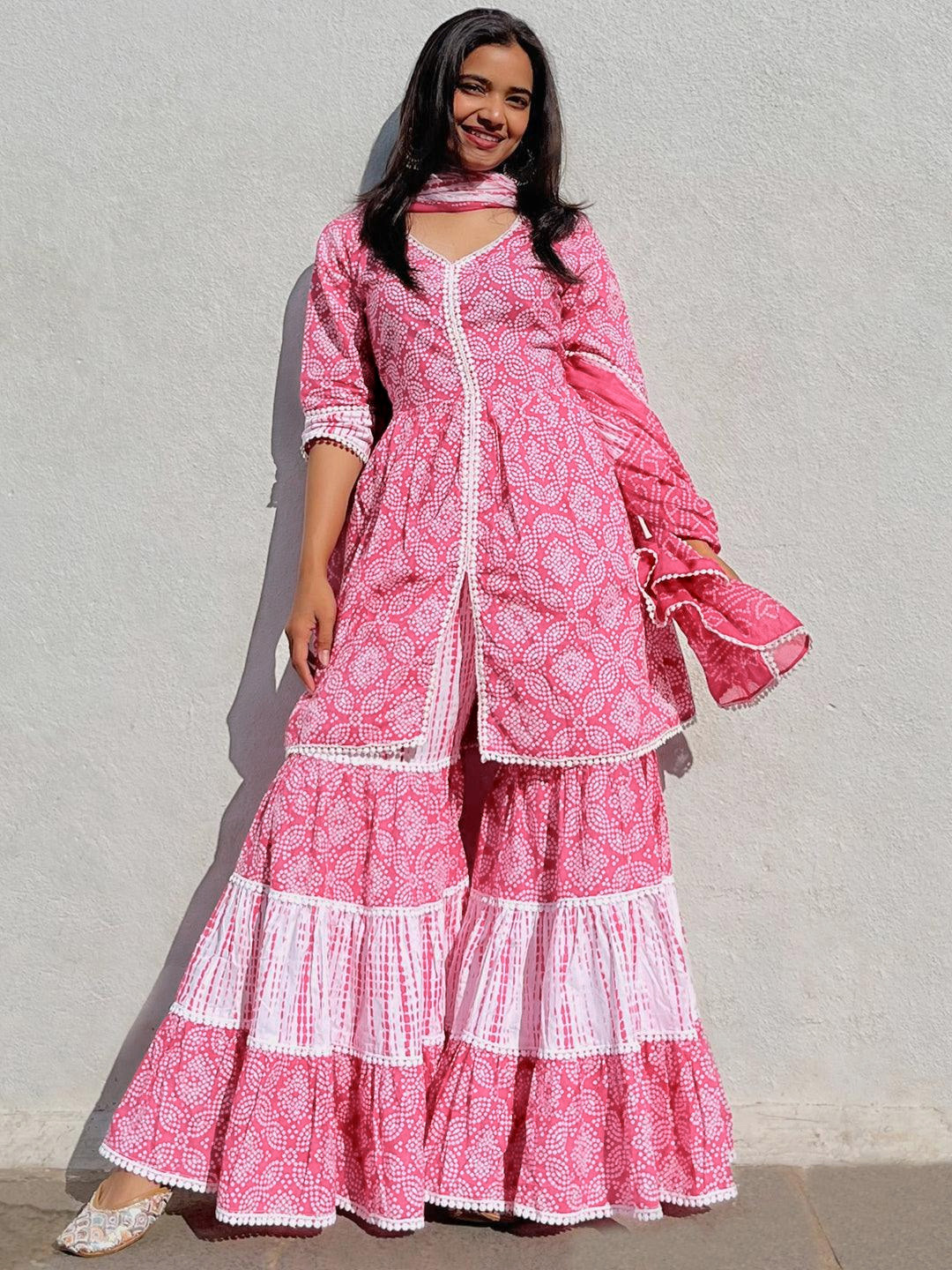 

Libas Bandhani Print Pure Cotton Kurti with Sharara & Dupatta, Pink